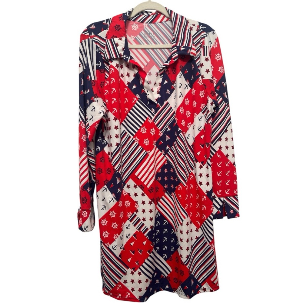 D & Co Beach Coverup Dress Patriotic Nautical Patchwork American Flag Size Large